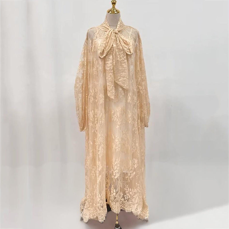 Hollow Jacquard Sling Lace See-through Loose Ribbon Elegant Dress