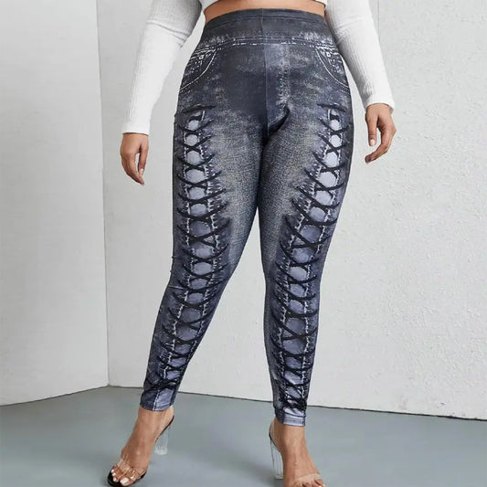 Women's Faux Denim Printed Comfort And Casual Leggings Plus Size