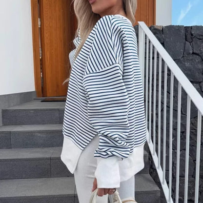 Women's Striped Sweatshirt Size Slit Long Sleeve Shirts For Women Crewneck Hoodies Casual Pullover Top