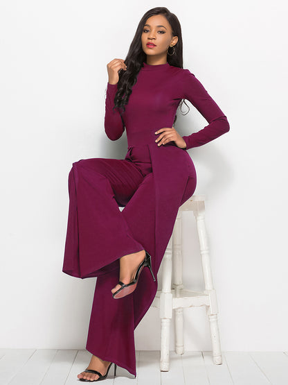 Round Neck Long Sleeve Wide Leg Jumpsuit