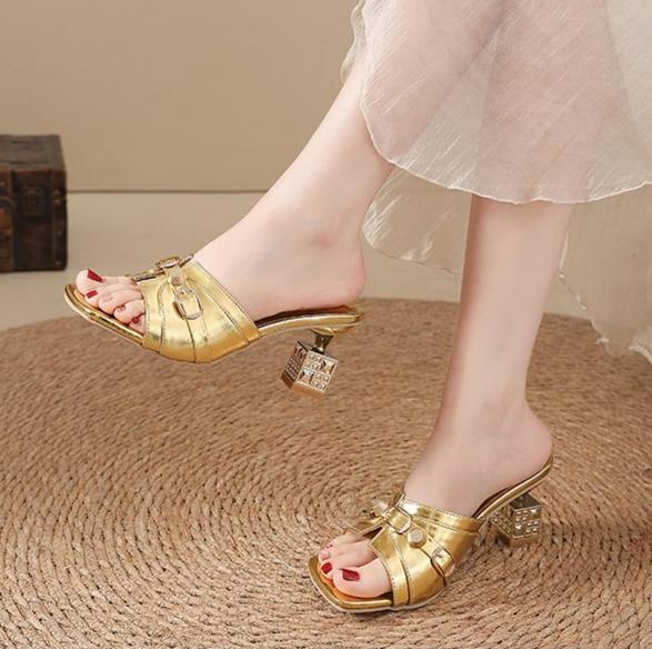 Square Toe High-heeled Sandals, Women's Shoes, Belt Buckle, Metal Hollow Square Heel Slippers