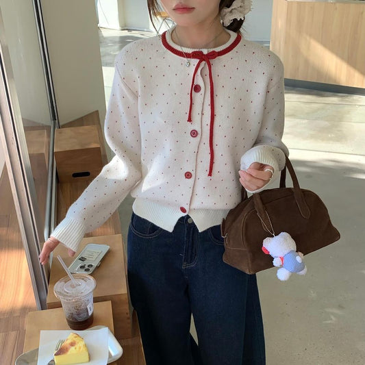 Women's Polka Dot Jacquard Lace-up Single-breasted Knitted Sweater