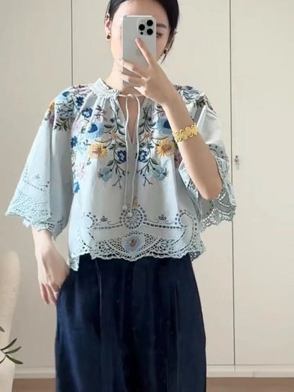 Embroidered Floral Hollow Out Tied Loose Round Neck Puff Sleeve Top