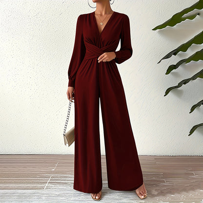 Women's Elegant Jumpsuit With Cross V-Neck & Long Sleeve Solid Color Belted Wide Leg Pantsuit For Office And Formal