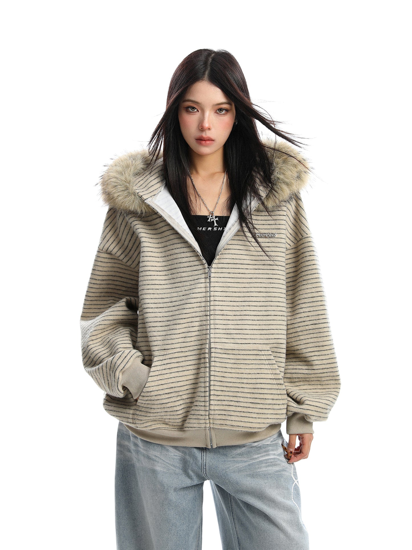 American Striped Detachable Big Fur Collar Hooded Sweater