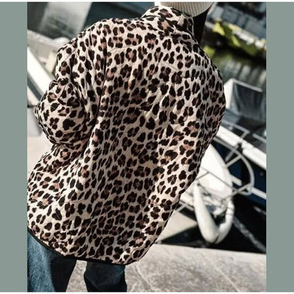 Vintage Leopard Print Printed Women's Lapel Pocket Loose And Warm Coat