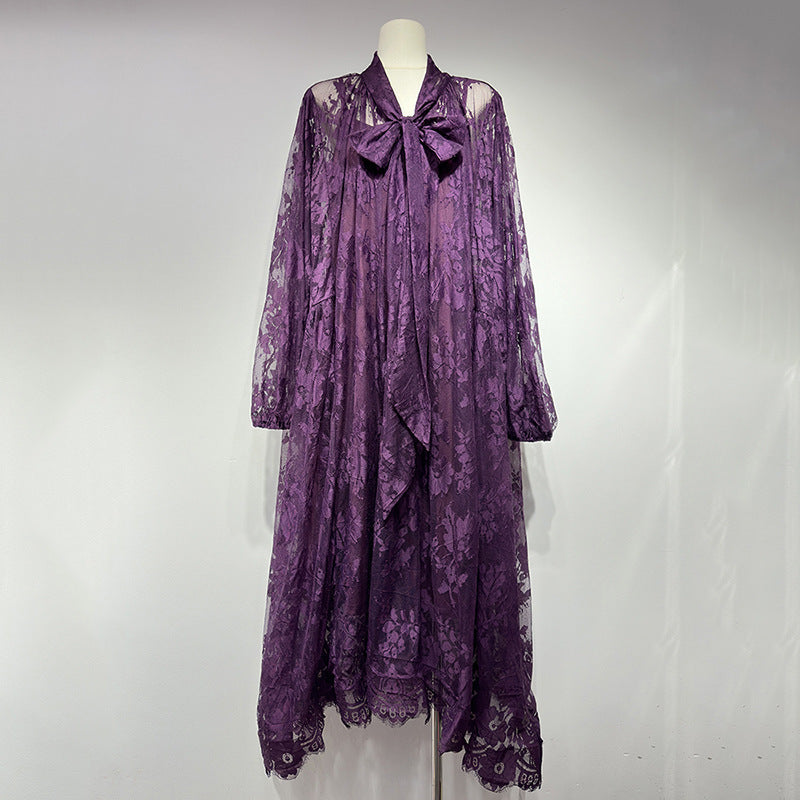 Hollow Jacquard Sling Lace See-through Loose Ribbon Elegant Dress