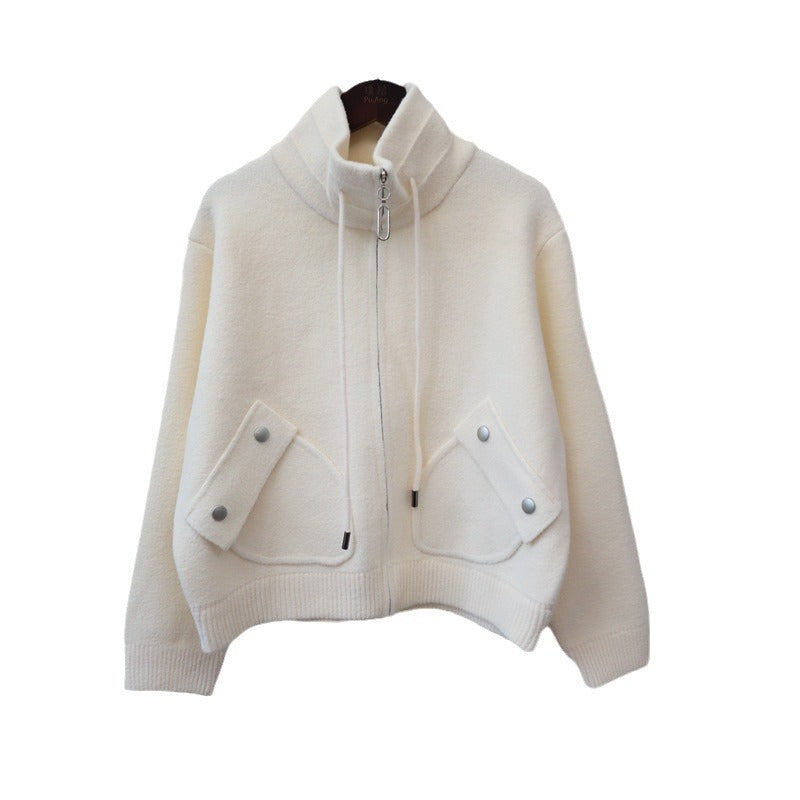 Loose Versatile Zipper Knitted Double-faced Woolen Goods Solid Color Coat For Women