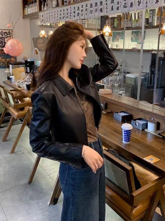 Women's Leather Top Lapel Short Fashion