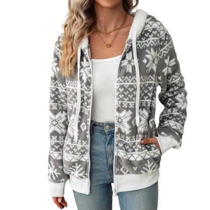 European And American Autumn And Winter New Hooded Cardigan Christmas Style Printed Plush Coat