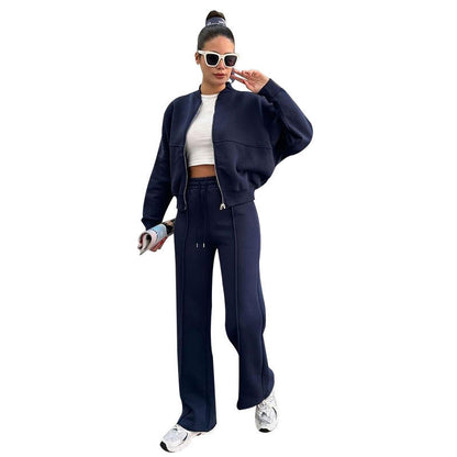Fleece Zipper Cardigan Women's Clothes Fashion Casual Straight Pants Suit
