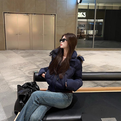Big Fur Collar Hooded Short Down Jacket Women's Warm Jacket