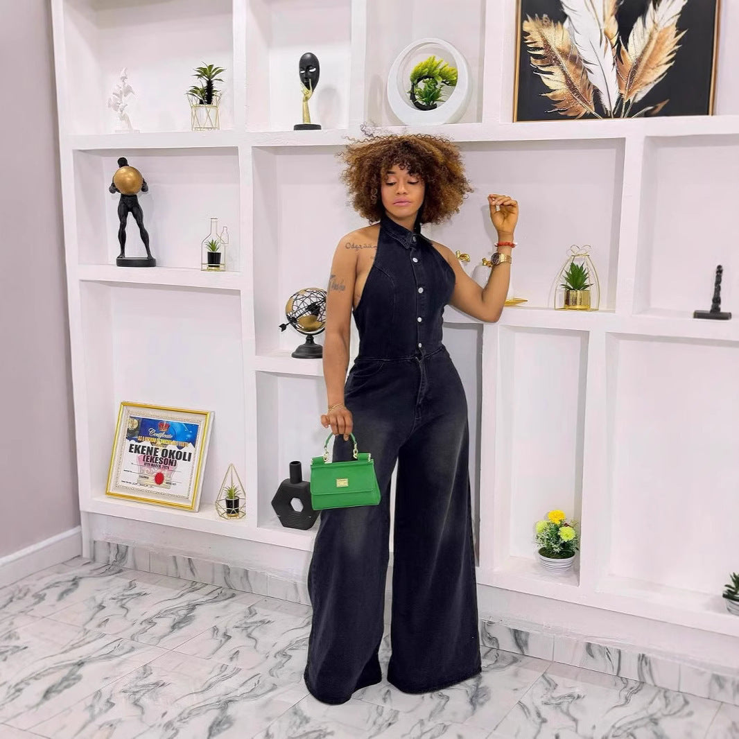 Women's Casual Single-breasted Backless Denim Jumpsuit