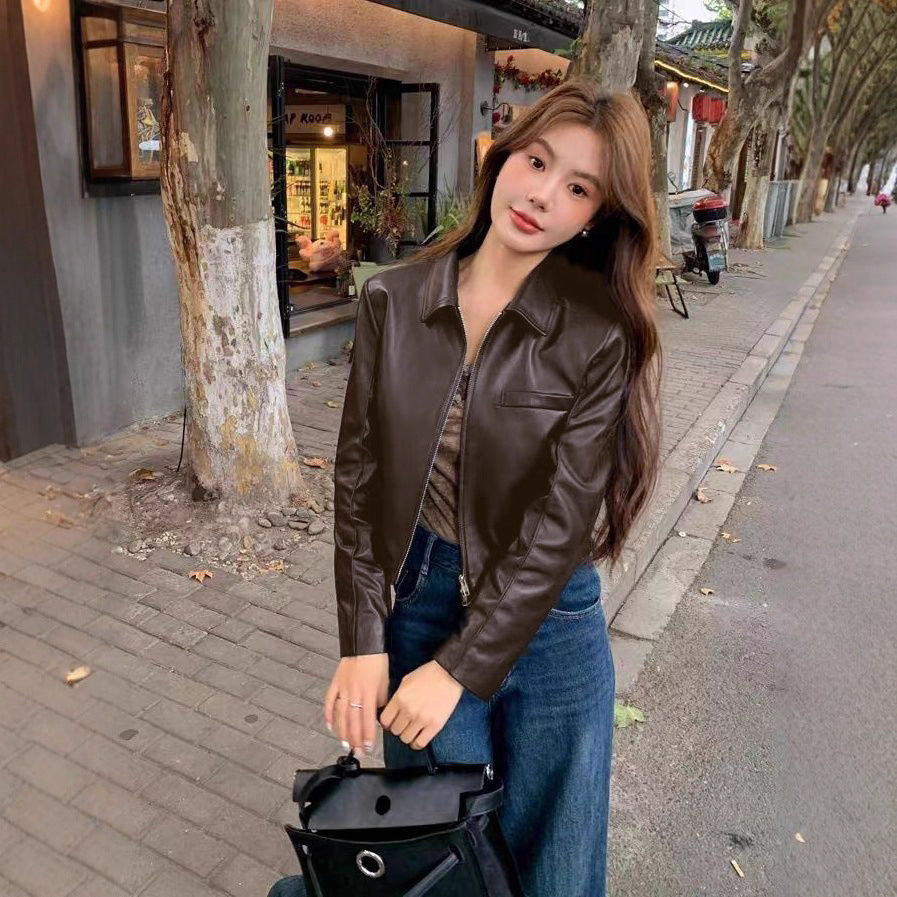 Women's Leather Top Lapel Short Fashion