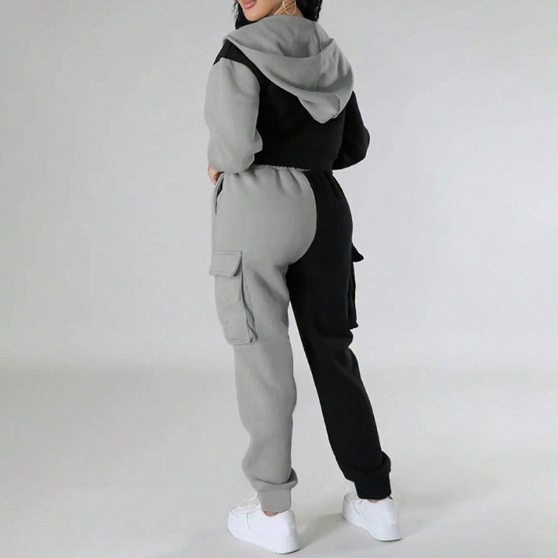 Women's Color Block 2 Piece Set, Full Zip Up Cropped Hoodie Jacket & Drawstring Cargo Pants, Casual Streetwear Outfit