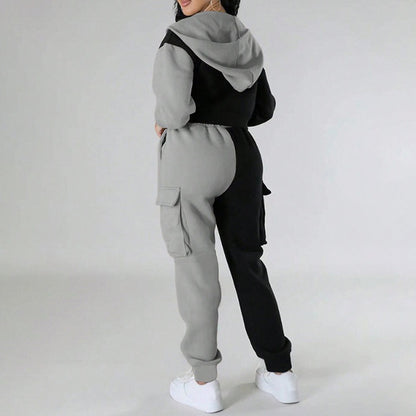 Women's Color Block 2 Piece Set, Full Zip Up Cropped Hoodie Jacket & Drawstring Cargo Pants, Casual Streetwear Outfit