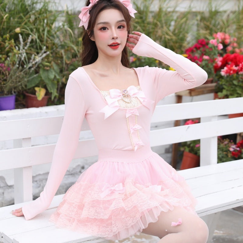 Elegant Ballet Style Princess Bowknot Pearl Heart Slimming Short Top