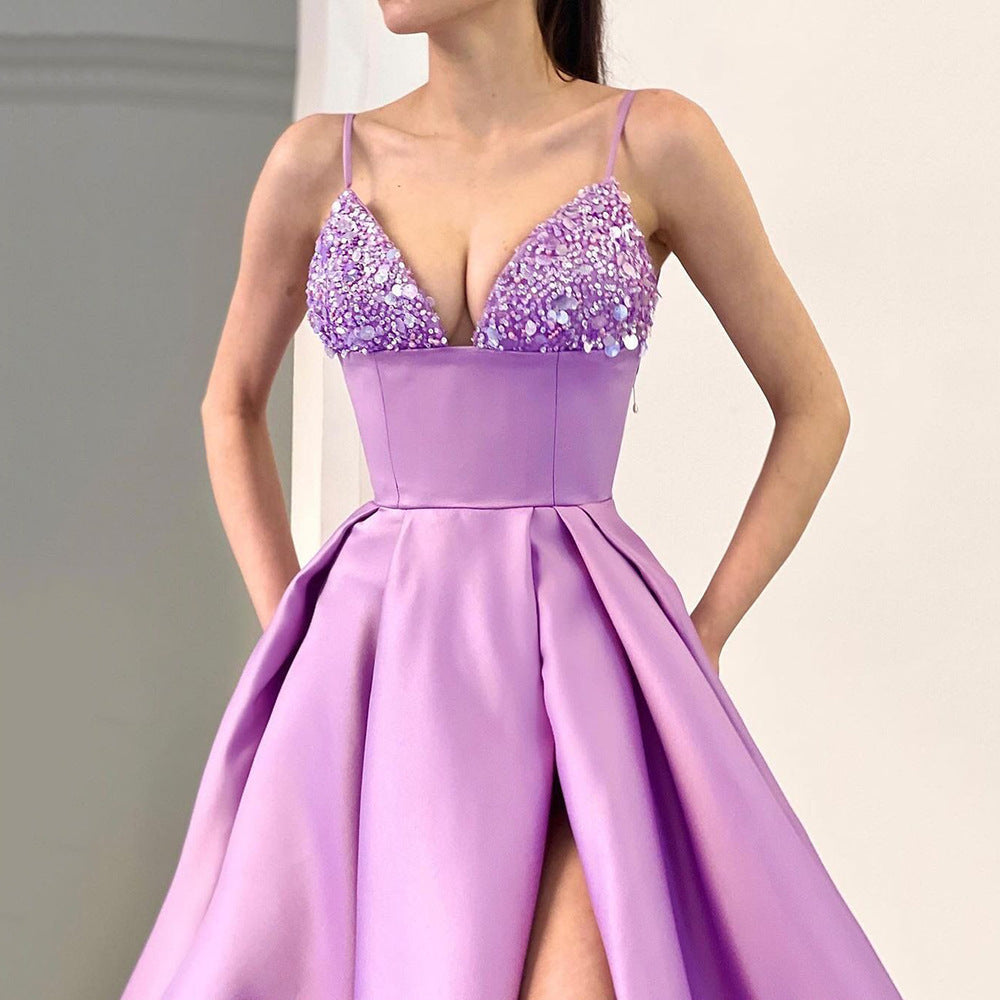 European And American Women's Clothing Dress Deep V Sequined Sexy Slit