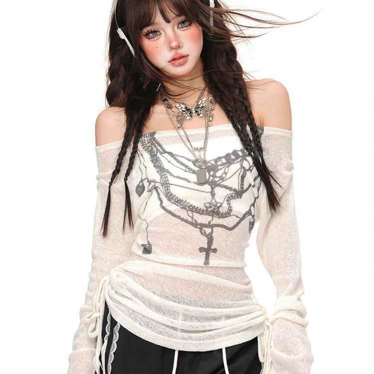 Girl Style Floral-print Off-shoulder Long Sleeve