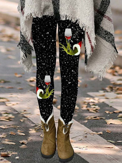 Hat Wine Glass Christmas Tree Sequined Printed Leggings