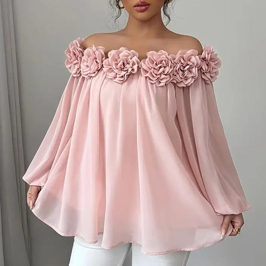 Women's 3D Floral Off Shoulder Blouse, Elegant Long Sleeve Ruffle Sheer Shirt For Party, Evening Dressy Top