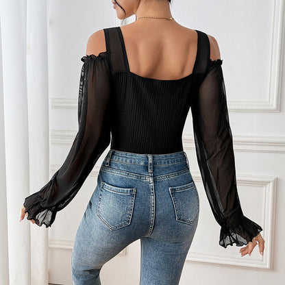 Design Sense Backless Gauzy Hollow-out Long Sleeve Waist-tight Jumpsuit For Women Autumn