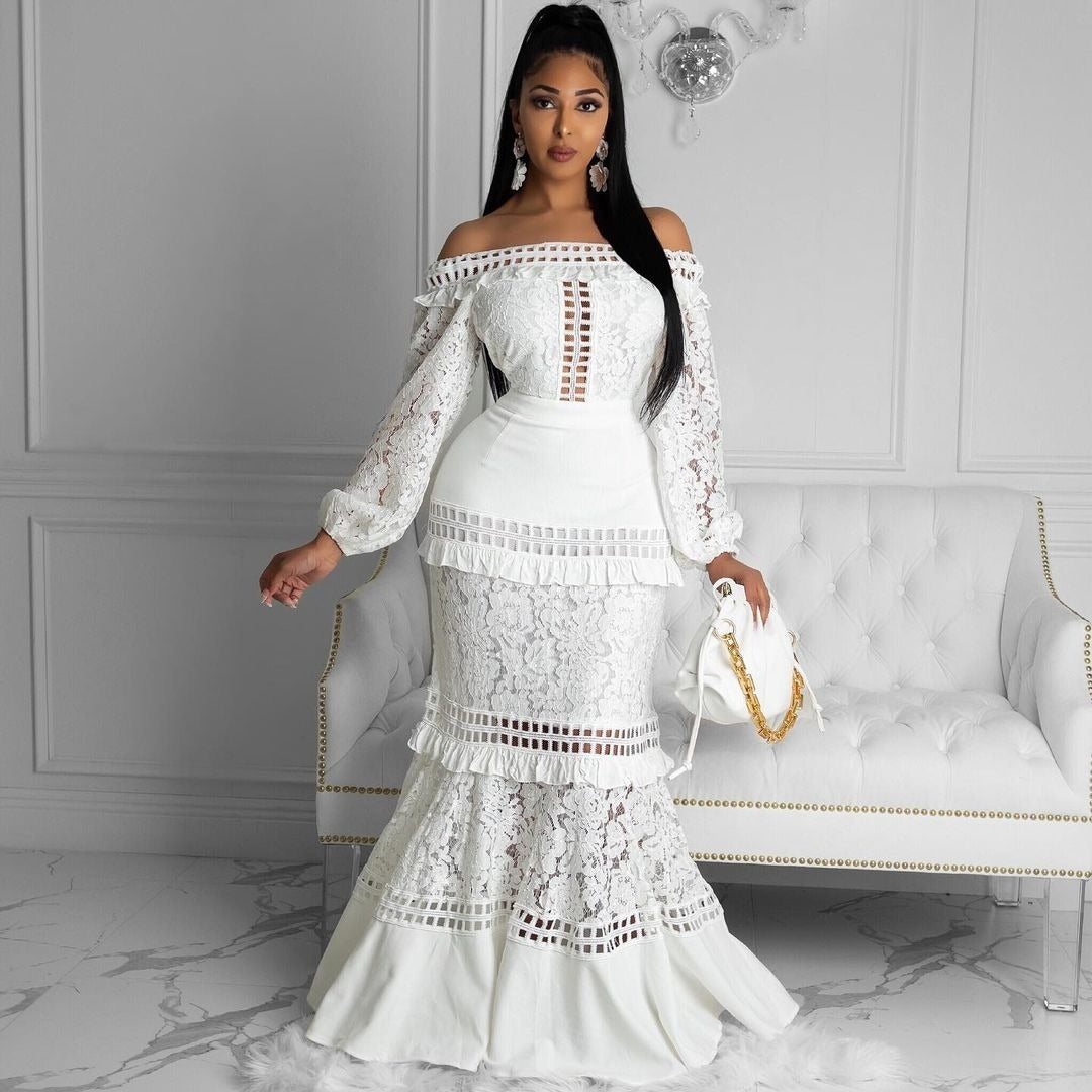 Women's Off-shoulder Lace Ruffle Sleeve Dress