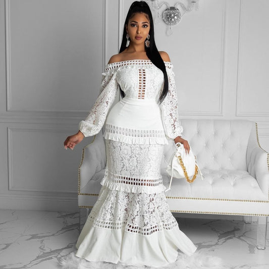 Women's Off-shoulder Lace Ruffle Sleeve Dress