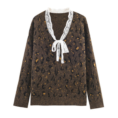 Women's Loose Ruffled Leopard Print Pullover Sweater