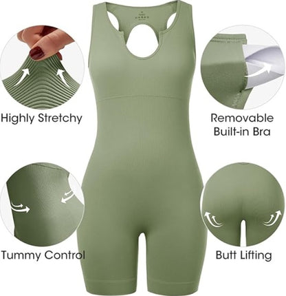 Fisoew Womens One Piece Jumpsuits Racer Back Ribbed U Neck Padded Unitard Backless Tummy Control Bodycon Yoga Romper