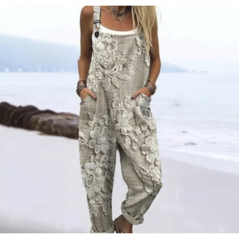 Women's Summer Digital Printing Button Casual Suspender Trousers