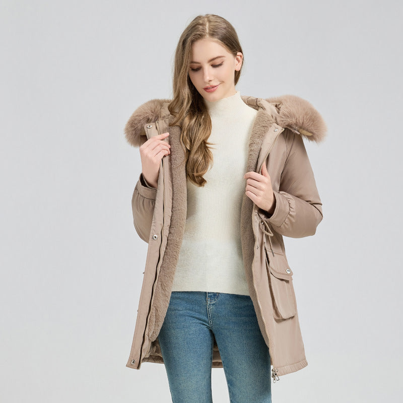 Women's Winter Fur-Lined Hooded Parka Coat Mid Length Down