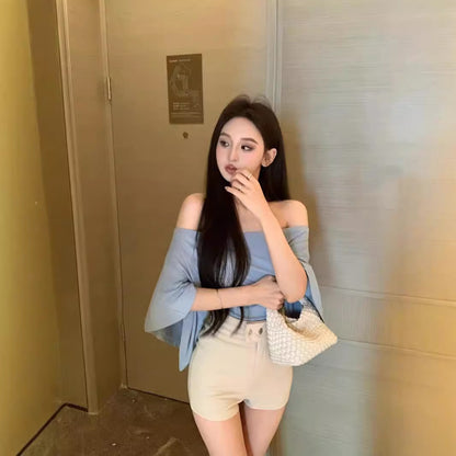 Off-neck Blue T-shirt Women's Summer Tight Waist Slimming And Shoulder Hollow Top