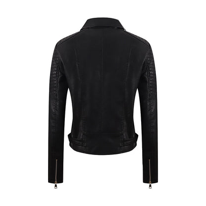 PU Women's Short Leather Oblique Pull Slim Motorcycle Clothing Washed Leather Jacket