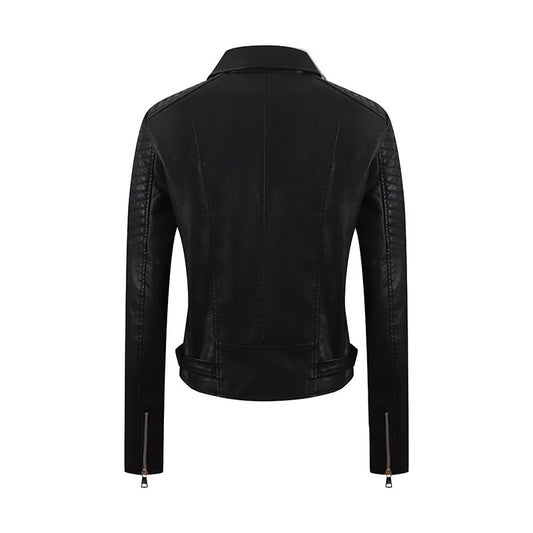 PU Women's Short Leather Oblique Pull Slim Motorcycle Clothing Washed Leather Jacket