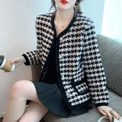 New Plaid Mink Velvet Coat Loose Flattering Knit Cardigan Sweater