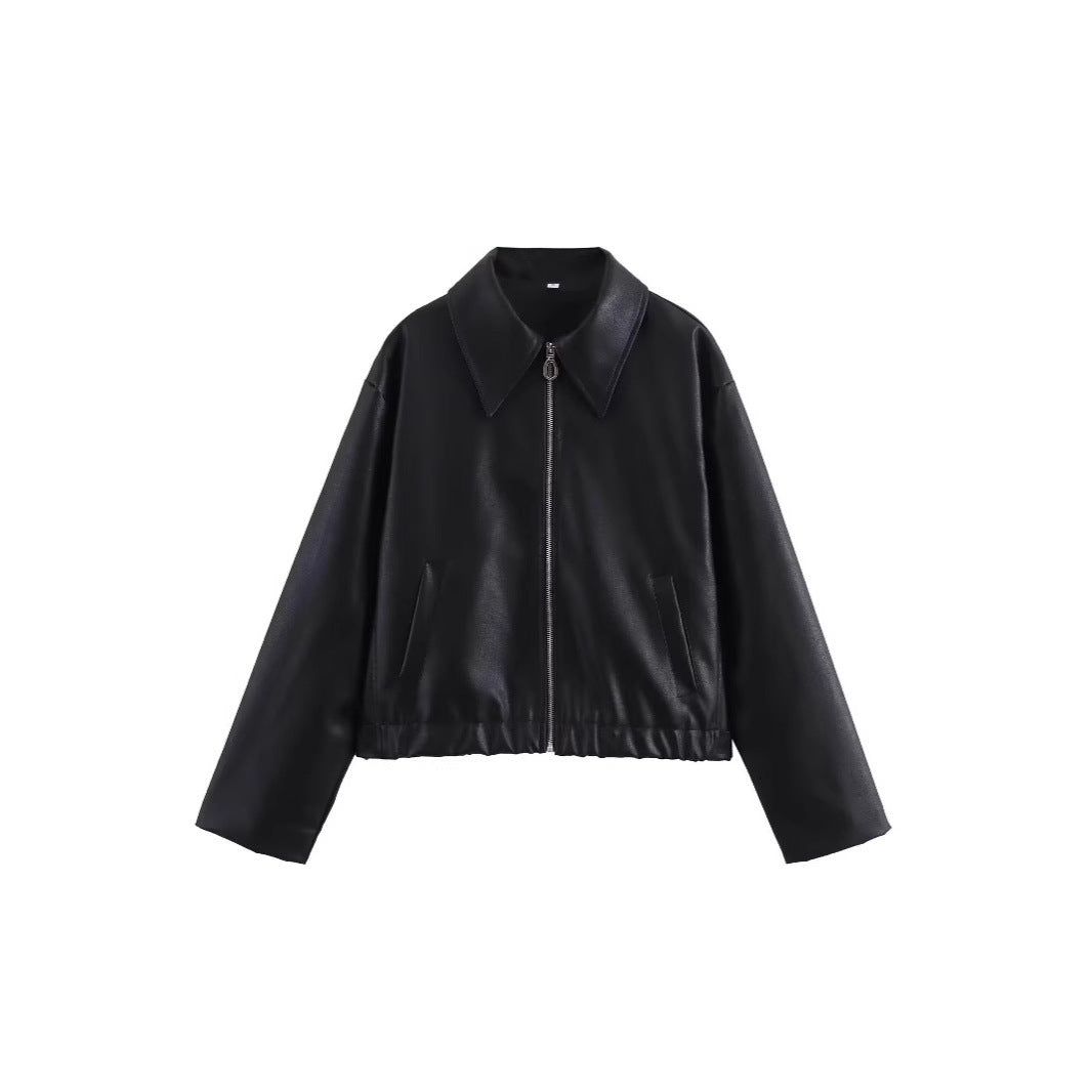 Women's Lapel Long Sleeve Leather Coat