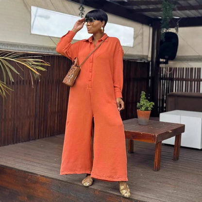 Casual Loose Round Neck Long Sleeve Wide Leg One-piece