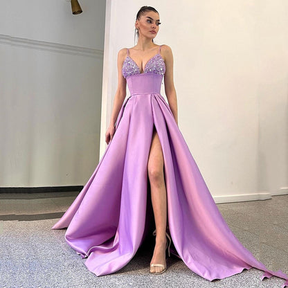 European And American Women's Clothing Dress Deep V Sequined Sexy Slit