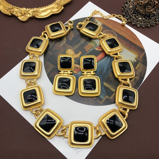 Antique Necklace Earrings Classic Black Enamel Necklace Suit