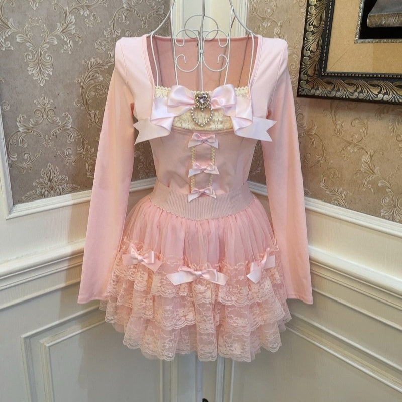Elegant Ballet Style Princess Bowknot Pearl Heart Slimming Short Top