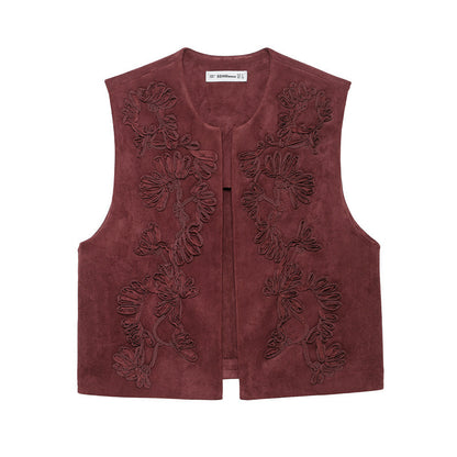 European And American Style Women's Fashion Casual Embroidery Suede Vest Jacket
