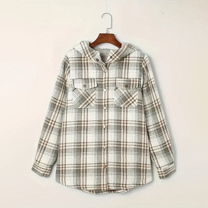 Women's Plaid Button-Up Long Sleeve Jacket Fall Winter  Flap Button Pocket Design Casual Hooded Fleece-Lined Warm Coat