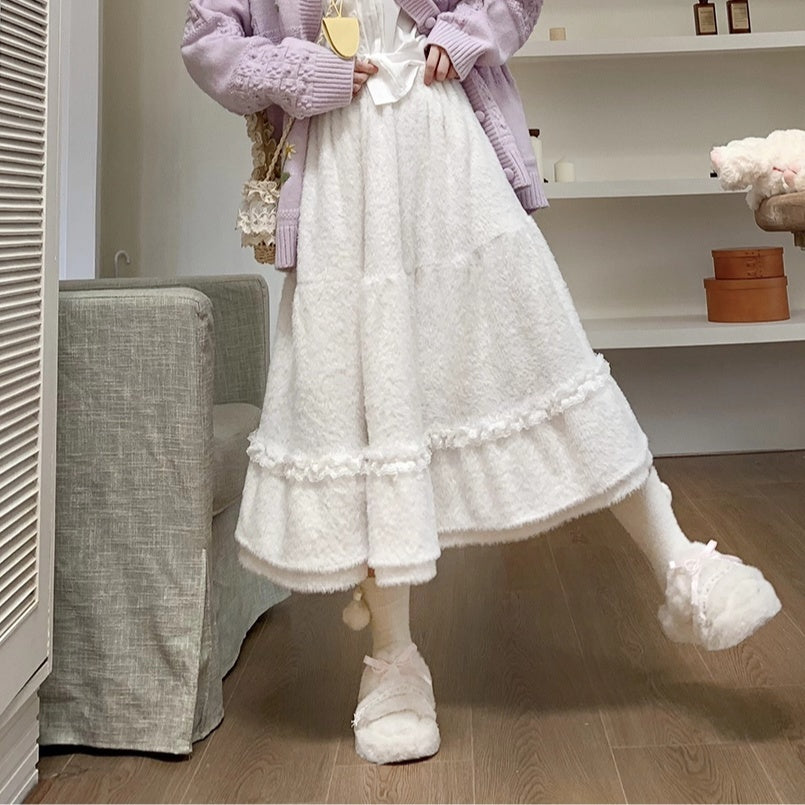 Plush Big Swing Mid-length High Waist Elastic Skirt