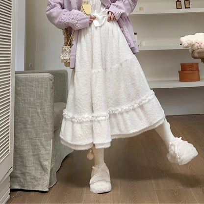 Plush Big Swing Mid-length High Waist Elastic Skirt