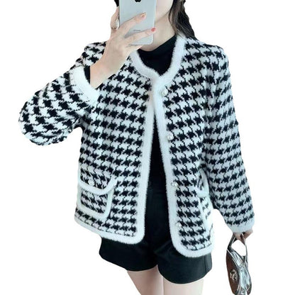 New Plaid Mink Velvet Coat Loose Flattering Knit Cardigan Sweater