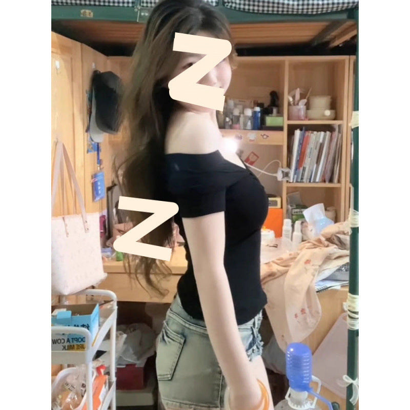 Female Solid Color One Shoulder Off Shoulder V-neck Short Sleeved Shirt