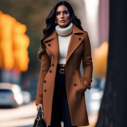 European And American Elegant Women's Solid Color Double Breasted Woolen Coat