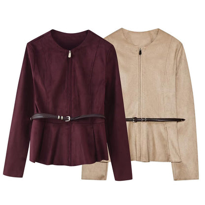 Women's Belt Suede Short Skirt Hem Jacket
