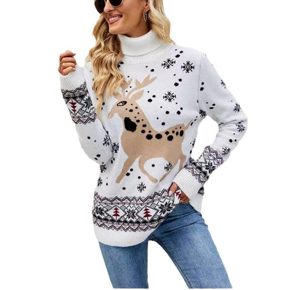 High Collar Loose Long Sleeve Snowflake Sweater For Women